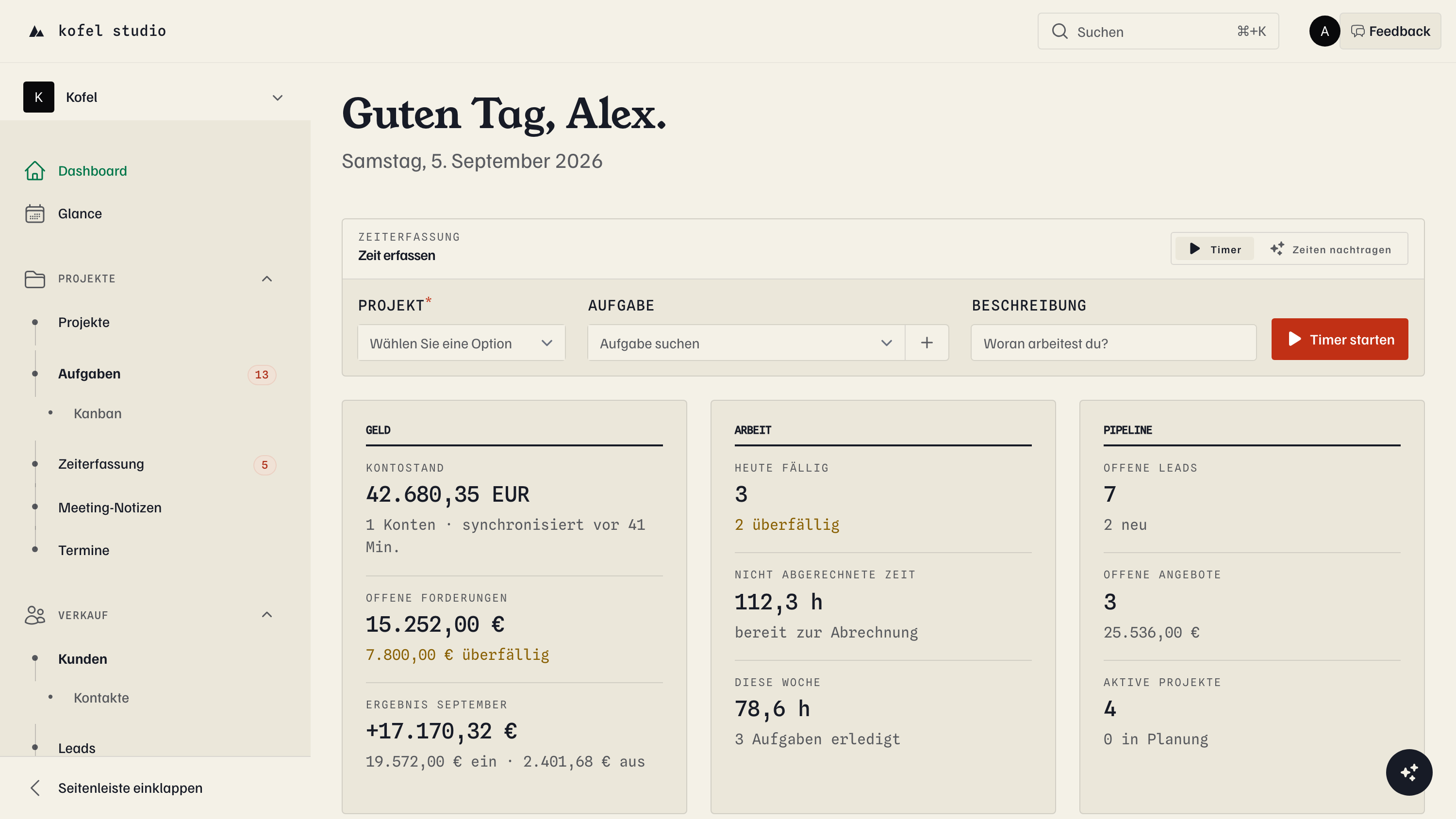 kofel studio Dashboard mit Zeiterfassung, letzten Aktivitäten und Übersicht