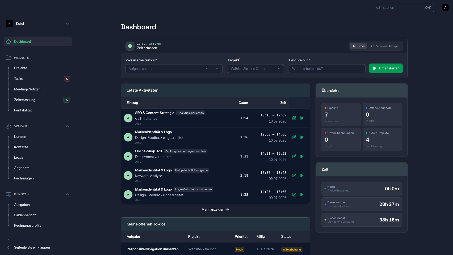 Kofel Studio Dashboard mit Zeiterfassung, letzten Aktivitäten und Übersicht